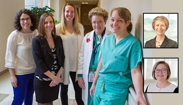 Image with caption: (Clockwise) Faye Haggar, EdD; Amy Duhachek-Stapelman, MD; Andrea Dutoit, MD; Jean Simonson, MD, MACM; Katie Goergen, MD; Karisa Walker, MD; and Cathleen Peterson-Layne, MD, PhD, won the Philip Liu Award for Innovation in Anesthesia Education.