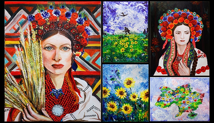 Image with caption: A selection of the paintings by Spriha Pavuluri, MD (photo collage by Kent Sievers)